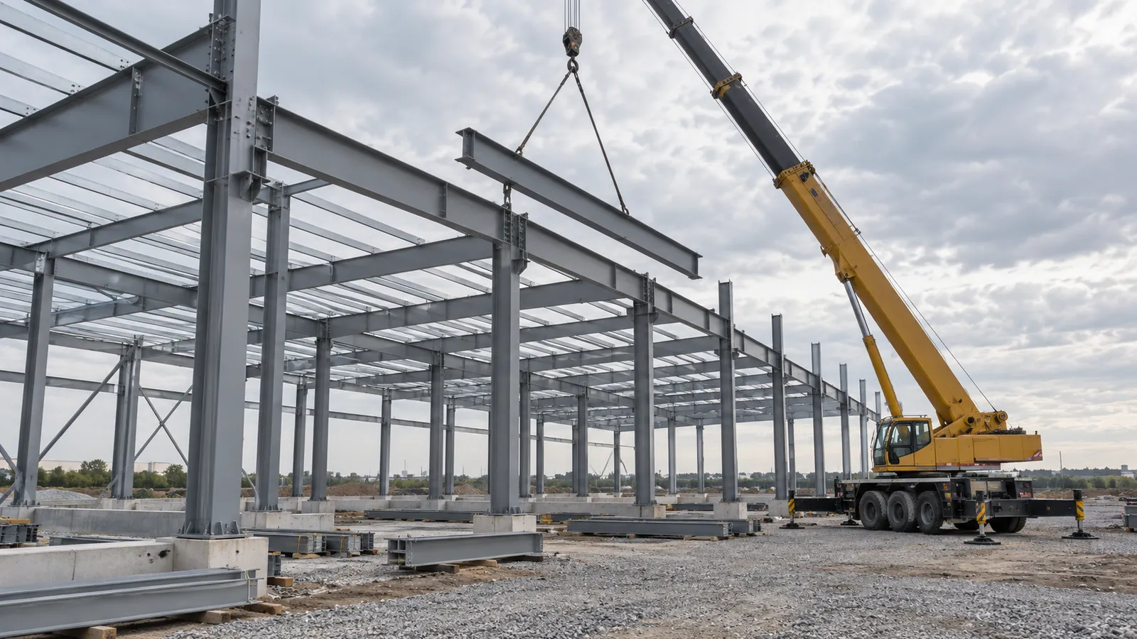 Structură metalică a unei hale industriale în montaj, cu grinzi din oțel și o macara mobilă